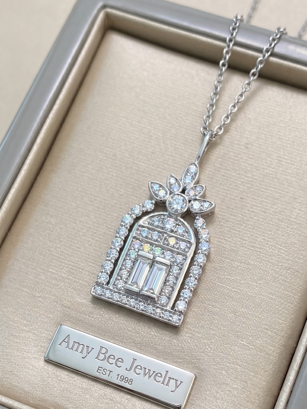 Door to Happiness Platinum CZ Pendant Necklace. New.